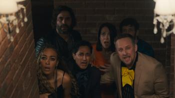 Nuked movie: Six middle-aged friends (including Tawny Newsome, Maulik Pancholy, Justin Bartha, Anna Camp) look shocked