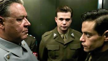 Nuremberg movie: Russell Crowe as Hermann Göring, Leo Woodall as Howie Trieste, and Rami Malek as Douglas Kelley