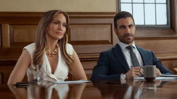 Office Romance: Jennifer Lopez and Brett Goldstein in a disposition.