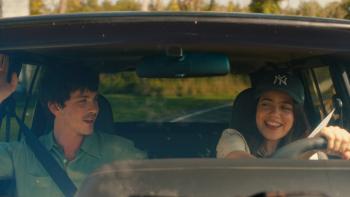 Oh, Hi! movie: Logan Lerman and Molly Gordon laugh while driving together on a trip