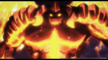 Overlord: The Sacred Kingdom Movie: A large fiery demon creature stands against a dark night sky.