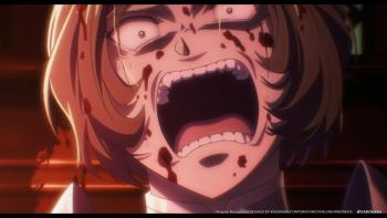 Overlord: The Sacred Kingdom Movie: A woman with short hair and blood splattered on her face screams in terror.
