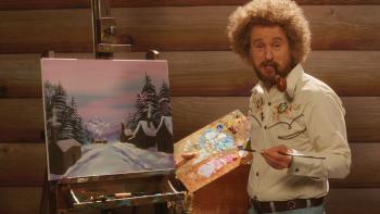 Paint Movie: Owen Wilson resembles PBS art host Bob Ross, looking at the camera while holding a palette in front of a canvas