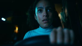 Passenger Movie: At night, Maddie is at the wheel of the van, driving with a scared, determined look