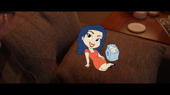 Still from Pencils Vs Pixels: Color version of White veteran Disney animator Tom Bancroft's pencil illustration of Asian actor Ming-Na Wen. The image features the character's black almond-shaped eyes, and wearing an orange short-sleeved dress, black flat shoes, light blue earrings, orange lipstick, and waist-length blue wavy and curly hair, while seated on a brown fabric sofa, with left hand placed on hip, next to a light blue bag of white popcorn