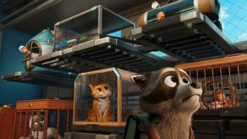 Pets on a Train movie: Raccoon Falcon looks up with worry, surrounded by pets in cages in the cargo hold of a train