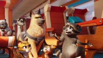 Pets on a train movie: Falcon is explaining something to a German shepherd on a train, surrounded by two dogs and two cats