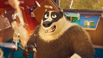 Pets on a train movie: Villain badger Hans looks surprised as glass shatters around him while he's in a train car