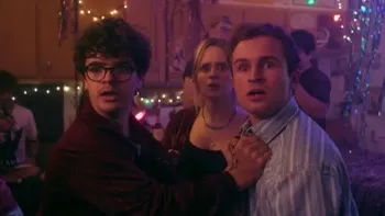 Pizza Movie: Gaten Matarazzo, Lulu Wilson and Sean Giambrone at a party.