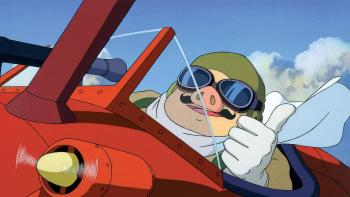 Porco Rosso Movie: A pilot in pig form sits in a plane cockpit