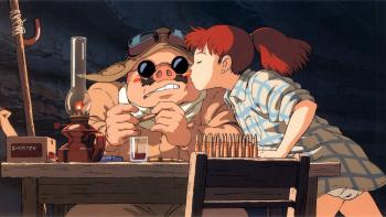 Porco Rosso Movie: A red-haired girl kisses a pilot in pig form on the cheek