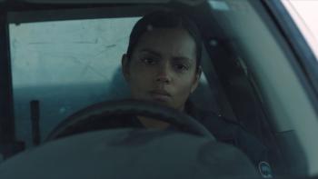 Psycho Killer Movie: Highway patrol officer Jane Archer (Georgina Campbell) sits in her cruiser