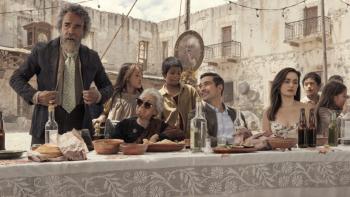 Que Viva Mexico Movie: Damian Alcazar, Alfonso Herrera, Ana de la Reguera, and various other characters sit at a long table eating dinner