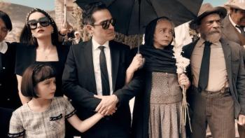 Que Viva Mexico Movie: Damian Alcazar, Alfonso Herrera, Ana de la Reguera, and three other characters stand outside at a funeral