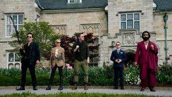 Ready or Not 2: Here I Come movie: The heads of Mr. Bale's families stand in front of a mansion with weapons, ready to hunt down Grace and Faith