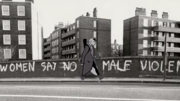 Rebel Dykes: Animated figure walks past graffiti on a bridge that reads "women say no to male violence".