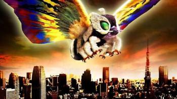 Rebirth of Mothra III Movie: Colorful giant moth flying over a city skyline at sunset.