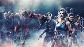  Resident Evil - Death Island: Monster pictured next to main characters holding guns.