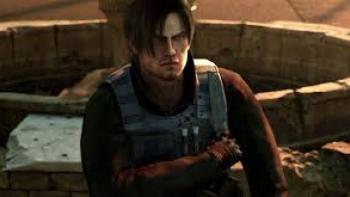 Resident Evil: Damnation: Young man with tactical gear in front of a stone fountain.