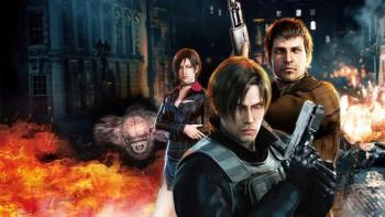 Resident Evil: Damnation: Three characters with guns stand amid flames and a dark urban backdrop.