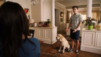 Rufus 2: A young White boy stands in his house and gestures to his dog, the back of his mom's head can be seen in front of him