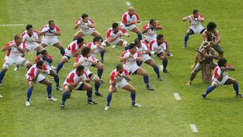 Pacific Warriors Movie: Rugby players performing a dance on the pitch