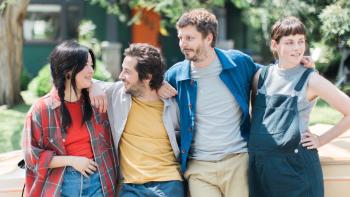 Sacramento movie: Standing with their arms around one another, smiling, are Maya Erskine, Michael Angarano, Michael Cera, and Kristen Stewart