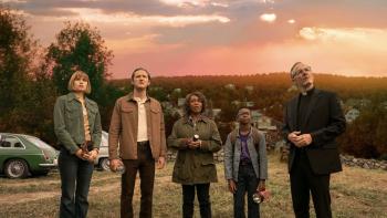 Salem's Lot: Five characters look up to a house out of shot with a sunset behind them