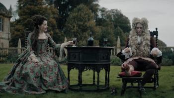 Savage House: Claire Foy and Richard E. Grant, in 18th-century attire, sitting outdoors with drinks on a table