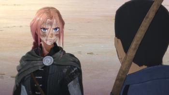 Scarlet movie: A pink-haired teen wearing a cape looks distrustfully at man in the desert