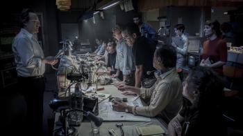 September 5 Movie: Roone Arledge (Peter Sarsgaard, left) gravely addresses the people in the ABC control room
