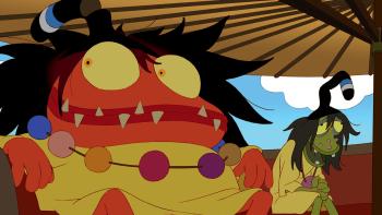 Sirocco and the Kingdom of the Winds movie: A large red frog like monster with black hair, yellow eyes, left, sits with smaller green frog man, right