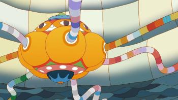Sirocco and the Kingdom of the Winds movie: A big orange sphere like contraption with many colorful tube arms coming out of it flies around the sky