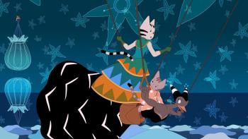 Sirocco and the Kingdom of the Winds movie: Two cat girls ride on a bird woman in black dress center flies through blue sky with blue starfish