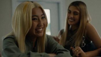 Slanted movie: Shirley Chen smiles at the counter of a nail salon with Amelie Zilbar looking on