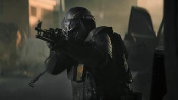 Sniper—No Nation: An armored soldier holding rifle and pointing it toward something out of shot