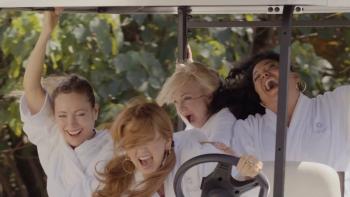 Spa Weekend movie: Isla Fisher drives a golf cart with Leslie Mann, Anna Faris, and Michelle Buteau