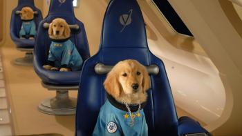 Space Buddies movie: Golden retriever puppies wear space uniforms, sitting on individual airplane seats