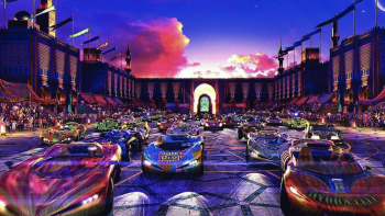 Speed Racer movie: CGI image of fleet of race cars getting ready to compete in an Italian-style piazza