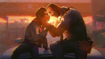 Spider-Man: Beyond the Spider-Verse movie: Miles Morales and his father at sunset