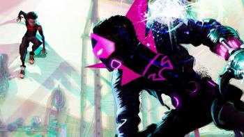 Spider-Man: Beyond the Spider-Verse movie: Two characters in dynamic action poses with vibrant, neon effects