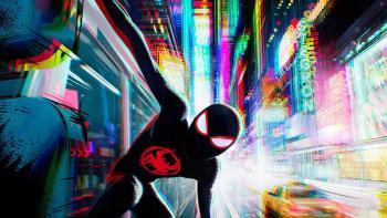 Spider-Man: Beyond the Spider-Verse movie: Spider-Man, in a black suit, swings through a colorful, neon-lit cityscape