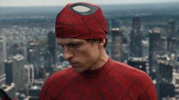 Spider-Man: Brand New Day movie: Tom Holland wearing the Spider-Man suit, his mask off