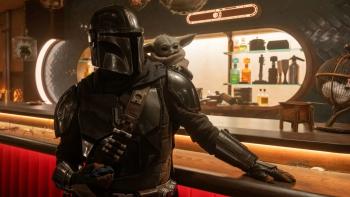 Star Wars: The Mandalorian and Grogu movie: The Mandalorian at a bar, Grogu on his back