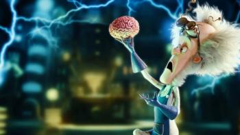 Stitch Head: A mad professor holds a brain up in the air and electricity sparks around him