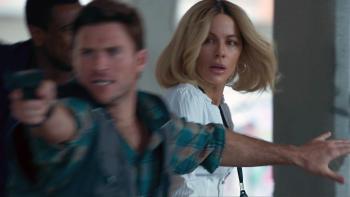 Stolen Girl movie: Scott Eastwood aims a gun as Kate Beckinsale turns around