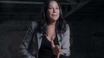 Strange Harvest Movie: Homicide detective Lexi Taylor (Terri Apple) is interviewed for the camera, gesturing as she talks