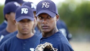 Sugar movie: Algenis Perex Soto stands on a pitching mound wearing a Kansas City Knights uniform