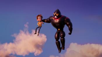 Super-Charlie: A flying villain holds a young boy in the sky