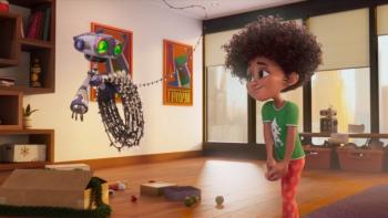 SuperClaus movie: An animated young Black girl stands next to a floating droid 